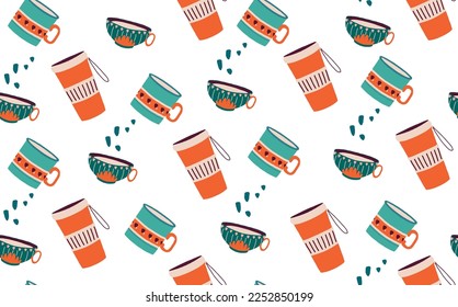 Trendy vector pattern with hand drawn cups and mugs in flat style.