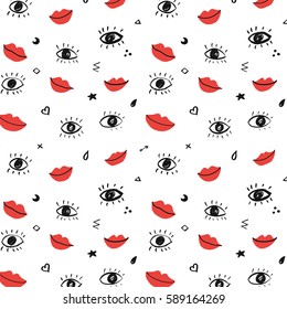  trendy vector pattern with hand drawn eyes and red lips. 