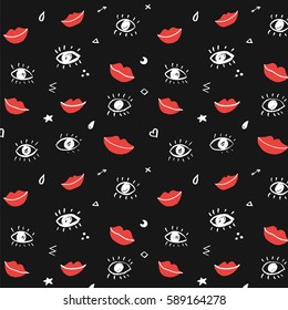  trendy vector pattern with hand drawn eyes and red lips. 