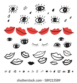  trendy vector pattern with hand drawn eyes and red lips. 