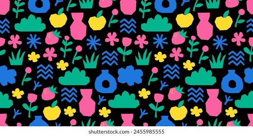 Trendy vector pattern of rainbow abstract paper cutouts. Collage style. Ideal for designing cards, covers, packaging, and wrapping paper with a hand-drawn touch on dark background.