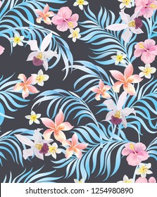 	
Diseño vectorial de moda en estilo tropical. Impresión botánica transparente para textiles, impresión, tela sobre fondo oscuro.