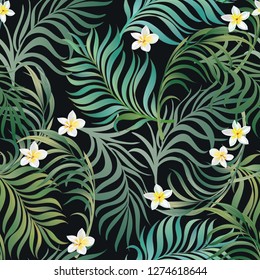 Trendy vector pattern in tropical style. Seamless botanical print for textile, print, fabric on dark background.