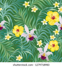 	
Trendy vector pattern in tropical style. Seamless botanical print for textile, print, fabric on dark background.