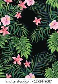 Trendy vector pattern in tropical style. Seamless botanical print for textile, print, fabric on dark background.