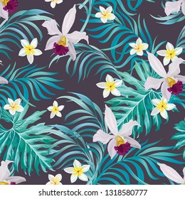 Trendy vector pattern in tropical style. Seamless botanical print for textile, print, fabric on dark background.