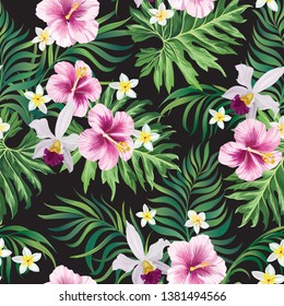 Trendy vector pattern in tropical style. Seamless botanical print for textile, print, fabric on dark background.