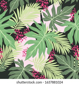 Trendy vector pattern in tropical style. Seamless botanical print for textile, print, fabric on dark background