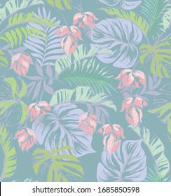 Trendy vector pattern in tropical style. Seamless botanical print for textile, print, fabric.Summer background. Jungle illustration.