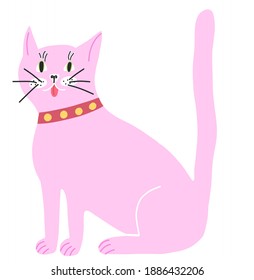 Trendy vector pink cat on white. Rose pussycat sitting. Flat Scandinavian concept of plump kitty. Doodle hand drawn illlustration of cute fat kitten for web, label, sticker, print, cover, stationery.