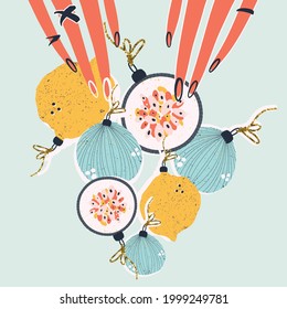 Trendy vector postcard, print, illustration with hands holding different Christmas toys. 
