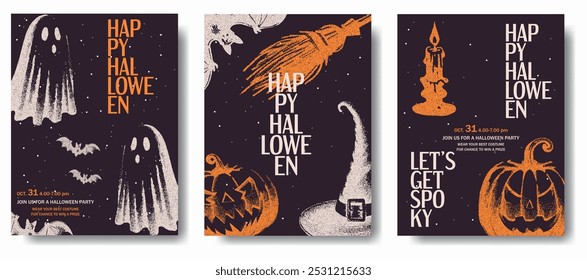 Trendy vector postcards with retro photocopy effect. A Halloween-style invitation. Pumpkin, ghost, bat, skeleton. Design for decoration and advertising.