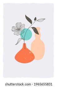 Trendy Vector Poster. Abstract Background with geometric and leaves shapes, hand drawn ceramic print. Contemporary modern poster with silhouettes of leaves and pottery. Spots, curves, lines. 