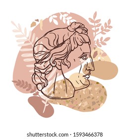 Trendy vector print with Apollo statue. Line sketch drawing with abstract background, terrazzo and floral elements. Ancient classical greece sculpture of god. Modern linear art