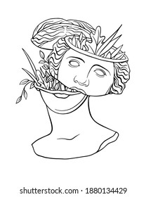 Trendy vector print with a statue of the head of Aphrodite Venus, new retro. Line drawing and floral elements. Sculpture of an ancient classical Greek god. Roman antique sculpture. Contemporary Linear