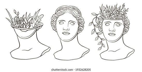 Trendy Vector Print With A Statue Of The Head Of Aphrodite Venus, New Retro. Line Drawing And Floral Elements. Sculpture Of An Ancient Classical Greek God. Roman Antique Sculpture. Contemporary Linear