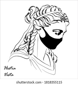 Trendy vector print with Vesta statue head wearing face mask. Drawing of modern linear sketch of goddess profile portrait on white background. Sculpture of an ancient classical Greek god.