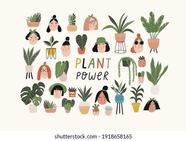 Trendy vector prints Lady and plants in flat style. Modern style is perfect for decor. Boho vector woman and home plants 