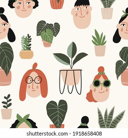 Trendy vector prints Lady and plants in flat style. Modern style is perfect for decor. Boho vector woman and home plants - seamless pattern