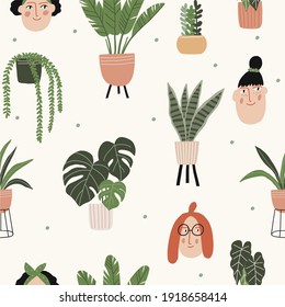 Trendy vector prints Lady and plants in flat style. Modern style is perfect for decor. Boho vector woman and home plants - seamless pattern