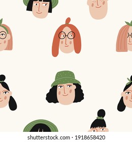 Trendy vector prints Lady and plants in flat style. Modern style is perfect for decor. Boho vector woman and home plants - seamless pattern