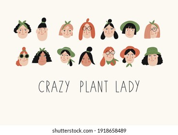 Trendy vector prints Lady and plants in flat style. Modern style is perfect for decor. Boho vector woman and home plants 