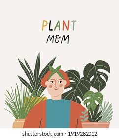 Trendy vector prints Lady and plants in flat style. Modern style is perfect for decor. Boho vector woman and home plants 