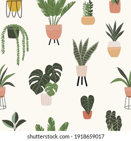 Vector de moda imprime plantas en forma plana. El estilo moderno es perfecto para la decoración. Plantas domésticas vectoriales de Boho - patrón ininterrumpido