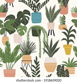 Trendy vector prints plants in flat style. Modern style is perfect for decor. Boho vector home plants  - seamless pattern