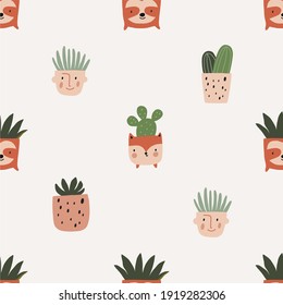 Trendy vector prints plants in flat style. Modern style is perfect for decor. Boho vector home plants  - seamless pattern