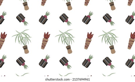 Trendy vector prints plants in flat style. Modern style is perfect for decor. Boho vector home plants - seamless pattern