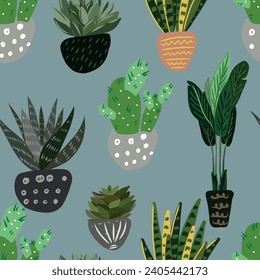 Trendy vector prints plants in flat style. Modern style is perfect for decor. Hand drawn home plants pattern. vector seamless pattern