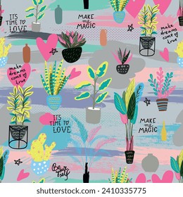 Trendy vector prints plants in flat style. Modern style is perfect for decor. Hand drawn home plants pattern. vector seamless pattern