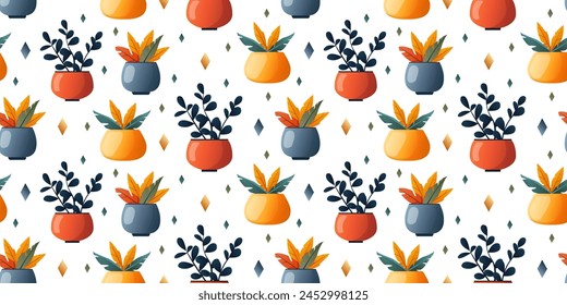 Trendy vector prints plants in flat style. Modern style is perfect for decor. Boho vector home plants seamless pattern