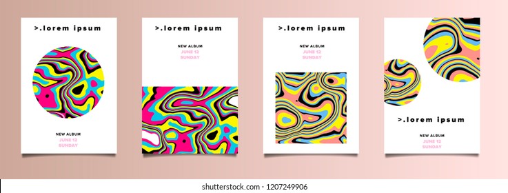 Trendy Vector Psychedelic design, A4 Poster Set. Modern Backgrounds for Poster, Brochure, Advertising, Placard, Invitation Card, Music Festival, Night Club. EPS 10.