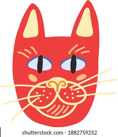 Trendy vector red cat. Hand drawn magic kitty flat style. Doodle scandinavian design of unusual cat face. Mysterious cat for stiker, print, clip art, web. Magical east pussy concept. Asian fire cat