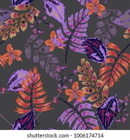 Trendy vector seamless beautiful artistic dark tropical pattern with exotic forest and leaves. Forest original stylish floral background print, bright rainbow colors on dark grey .