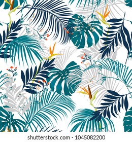 Trendy vector seamless beautiful artistic summer tropical pattern with exotic forest. Bright and Colorful original stylish floral background print, bright forest flower on white