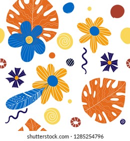 Trendy vector seamless beautiful artistic summer tropical pattern with exotic forest. Bright and Colorful original stylish floral background print, bright forest flower on white