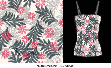 Trendy vector seamless beautiful artistic summer tropical pattern with exotic forest.  on women's top mockup.