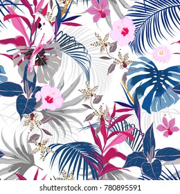 Trendy vector seamless beautiful artistic summer tropical pattern with exotic forest. Bright and Colorful original stylish floral background print, bright forest flower on white