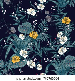 Vector moderno sem costura bonito padrão tropical escuro artístico com floresta exótica. Floresta original elegante impressão de fundo floral, cores brilhantes do arco-íris em azul marinho.