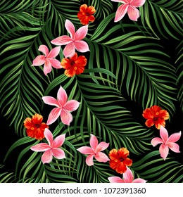 Trendy vector seamless beautiful summer tropical pattern with exotic flowers. Bright and Colorful original stylish floral background. Templete for print, fabric, textile design.
