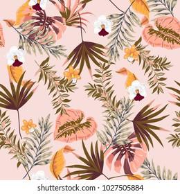 Trendy vector seamless beautiful tropical pattern with exotic forest. Colorful original stylish floral background print, bright rainbow colors on sweet pink