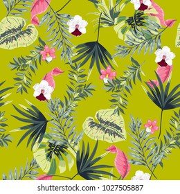 Trendy vector seamless beautiful tropical pattern with exotic forest. Colorful original stylish floral background print, bright rainbow colors on light grren