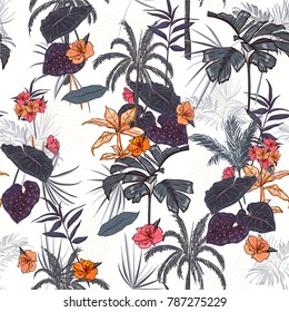 Trendy vector seamless beautiful tropical pattern with exotic forest. Colorful original stylish floral background print, bright rainbow colors on white Trendy vector seamless beautiful tropical pattern with exotic forest. Colorful original stylish floral background print, bright rainbow colors on white
