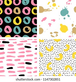 Trendy Vektorgrafik nahtlos farbiges Muster mit Pinselstrichen. Design-Hintergründe für Tapete, Abdeckung. Handgezeichnete abstrakte Karte, pastellfarbene und goldene Farben. Vektorgrafik