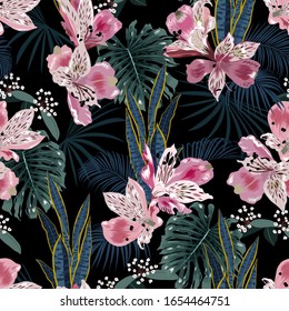 Trendy Vector seamless dark tropical pattern, blooming flowers,exotic foliage plants,monstera leaf,palm leaves, .Design for fashion,fabric,wallpaper,cover,all prints and all graphic type on black