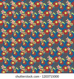 Trendy vector seamless Floral Pattern. Yellow, blue and red roses.