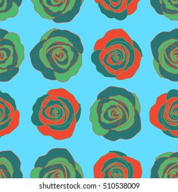 Trendy vector seamless Floral Pattern. Blue and green roses.